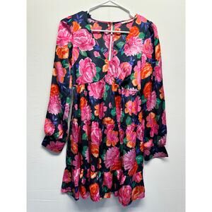 Mi‎ Ami XXS Bold Floral Tiered Mini Dress 🌸 Hot Pink & Orange Garden Print